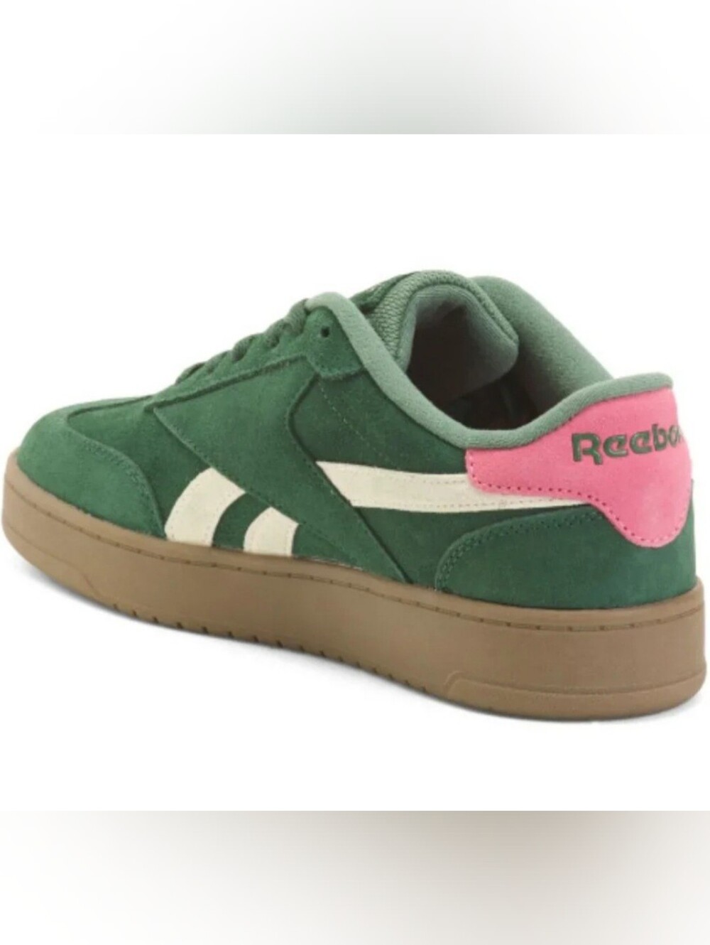 Reebok Green Suede Sneakers with Pink Heel and Cream Stripes